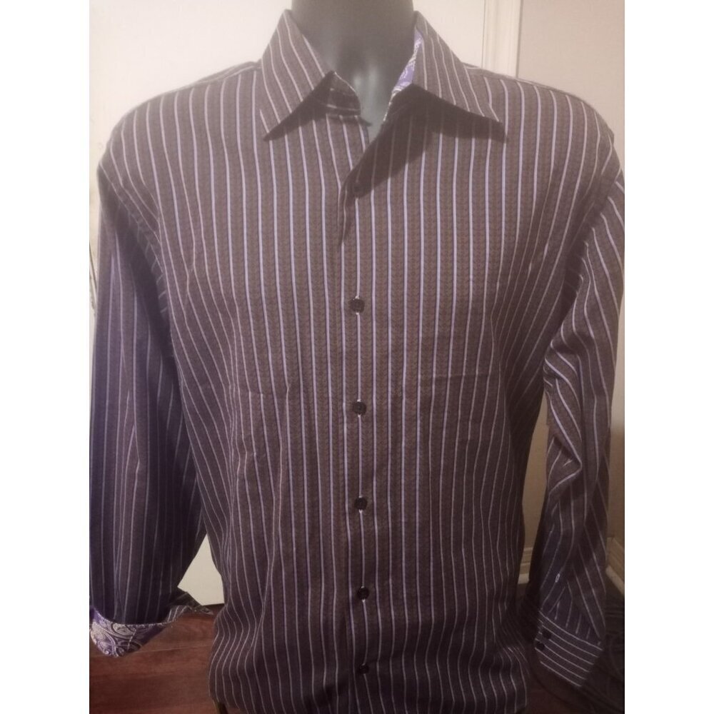 Visconti Uomo Shirt Mens XL Vertical Brown Striped Flip Cuff Dress Button Up